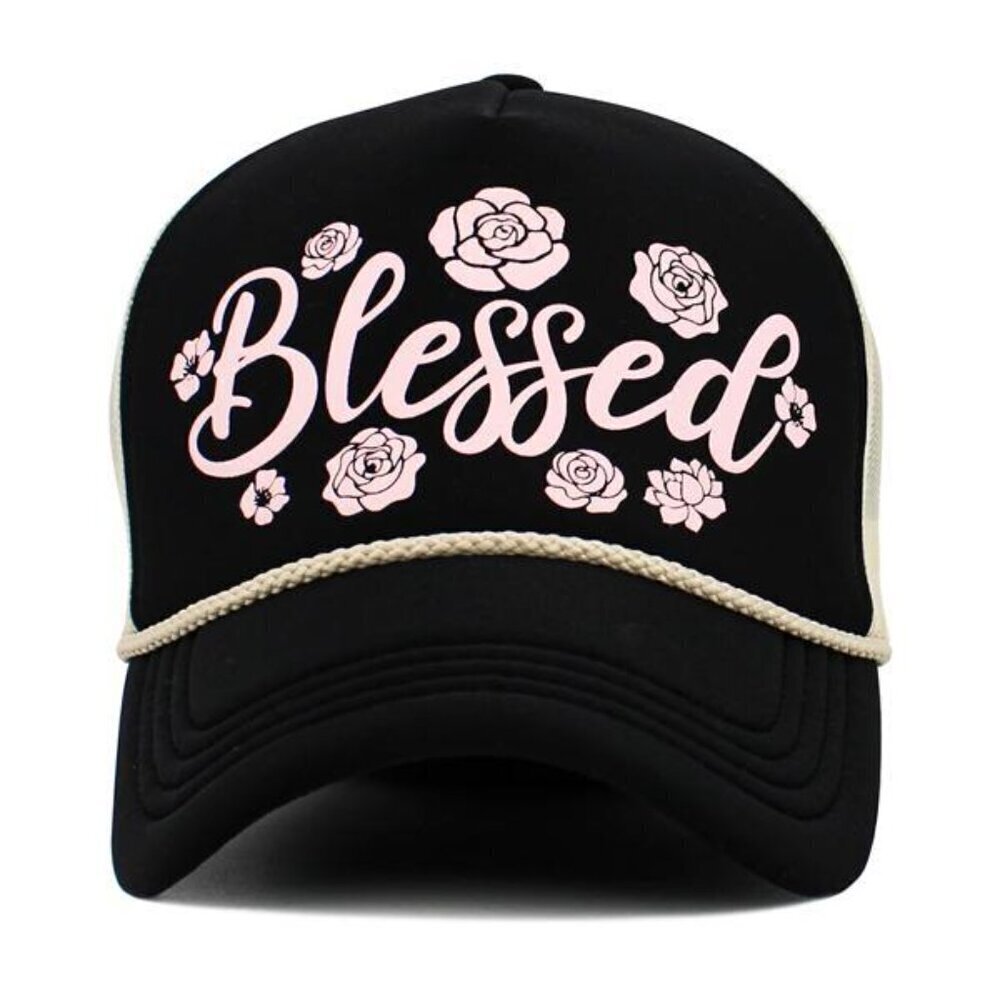 Womens Blessed Baseball Cap Hat in Black Light Pink Tan w/Flowers/Roses Trucker - Picture 2 of 5